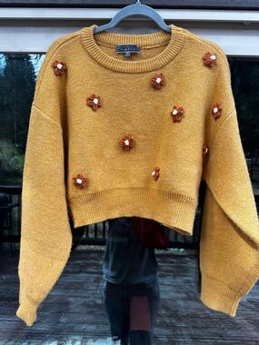 Blue Blush Mustard Cropped Crewneck Sweater with Rust & Cream Floral Appliqués